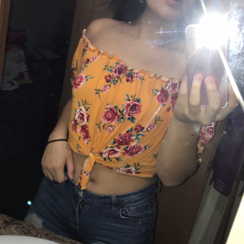 Yellow floral off the shoulder crop top